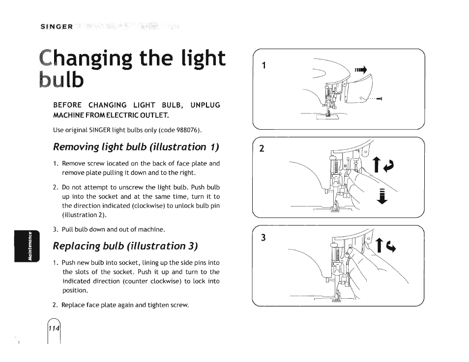 Changing the light bulb | SINGER 5160 User Manual | Page 116 / 125