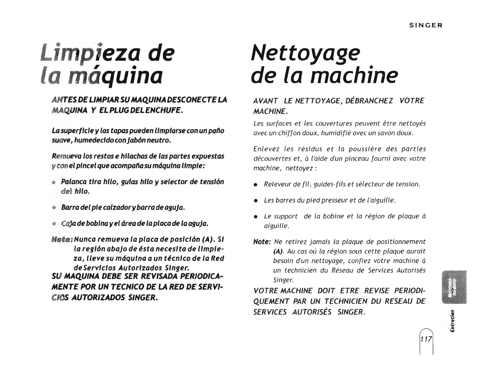 Limpieza de la máquina, Nettoyase de la machine, Nettoyage de la machine | SINGER 5160 User Manual | Page 119 / 125