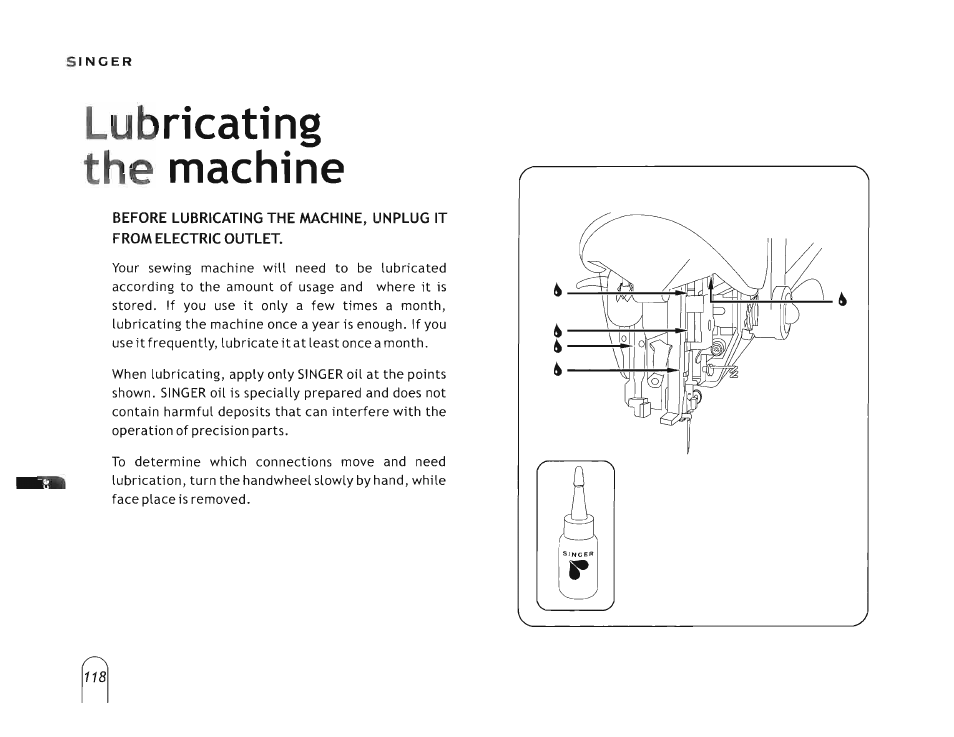 Lubricating the machine, Cleaning the machine | SINGER 5160 User Manual | Page 120 / 125