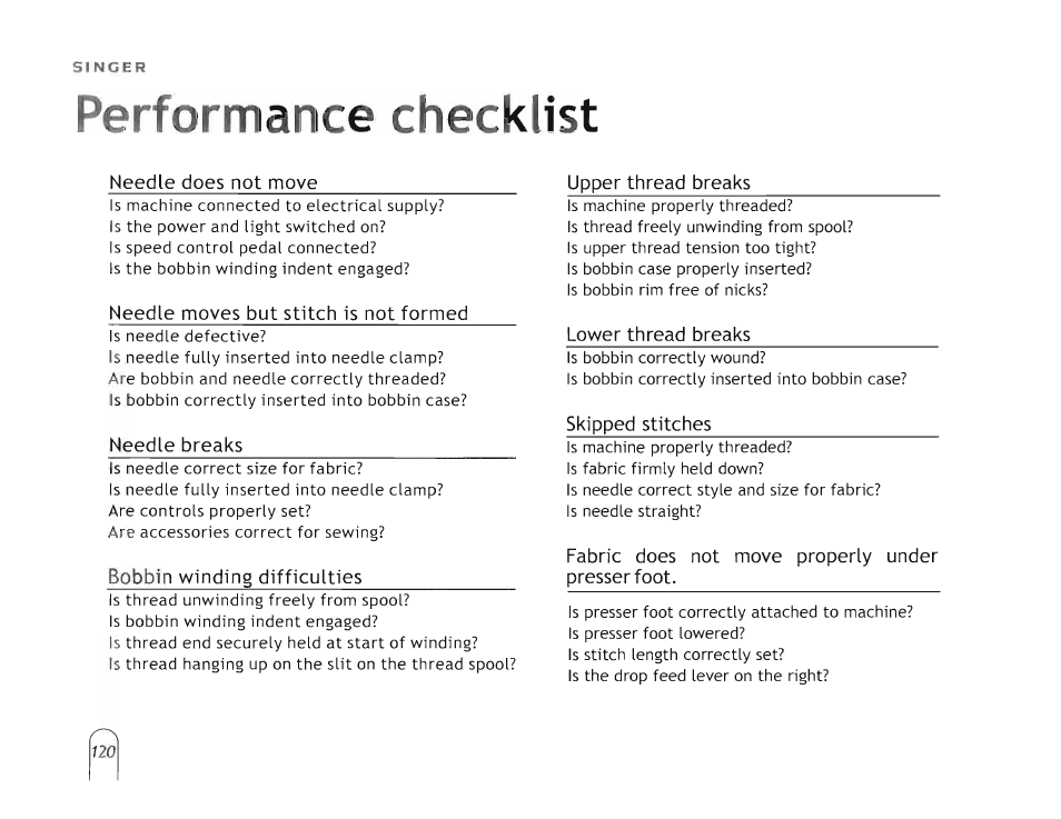 Performance checklist | SINGER 5160 User Manual | Page 122 / 125