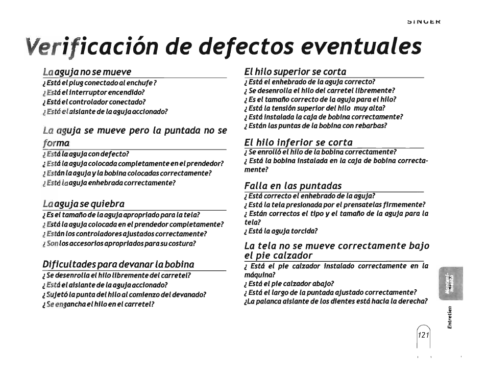 Verificadón de defectos eventuales, Verificación de defectos eventuales | SINGER 5160 User Manual | Page 123 / 125