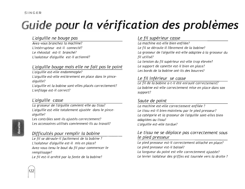 Guide pour la vérification des problèmes | SINGER 5160 User Manual | Page 124 / 125