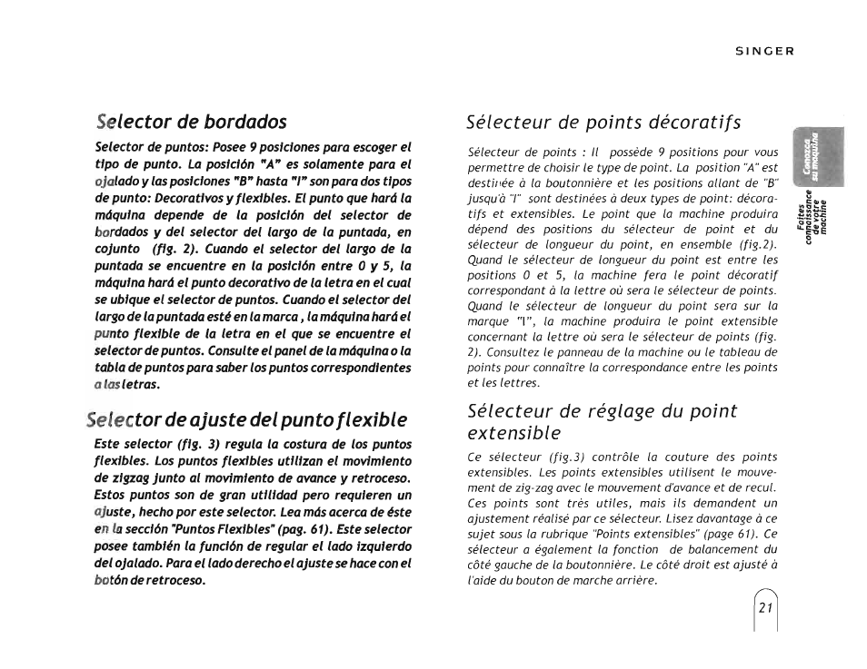 Sélecteur de points décoratifs, Sélecteur de réglage du point extensible, Selector de bordados | Selector de ajuste del punto flexible | SINGER 5160 User Manual | Page 23 / 125