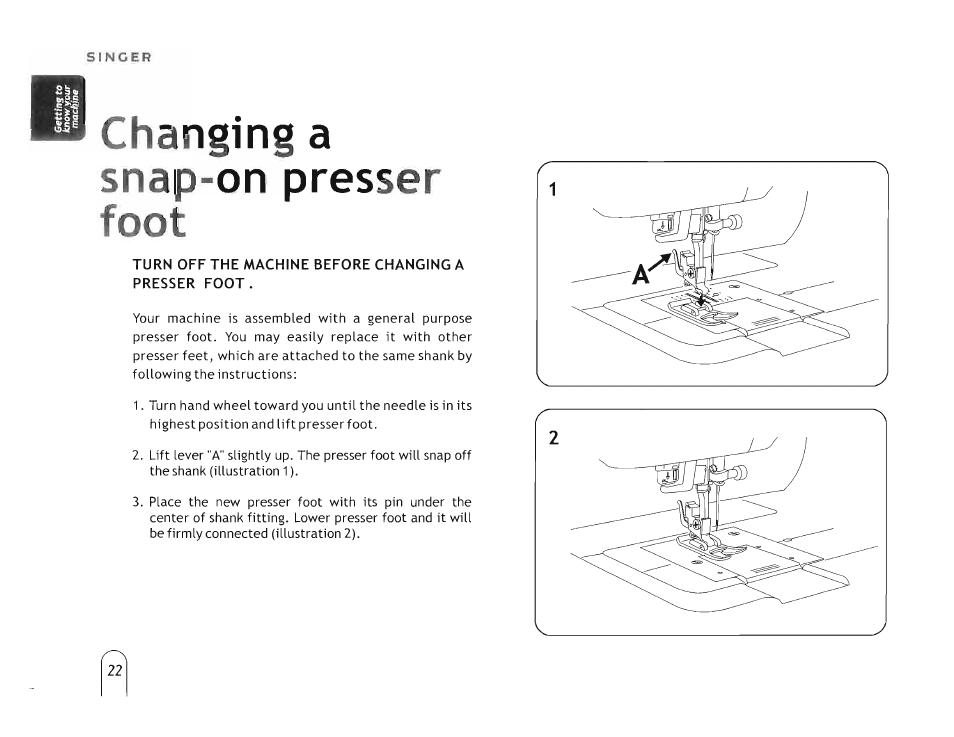 Changing a snap-on presser foot | SINGER 5160 User Manual | Page 24 / 125