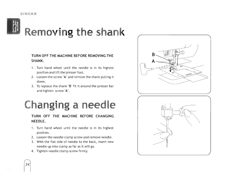 Removing the shank, Changing a needle | SINGER 5160 User Manual | Page 26 / 125