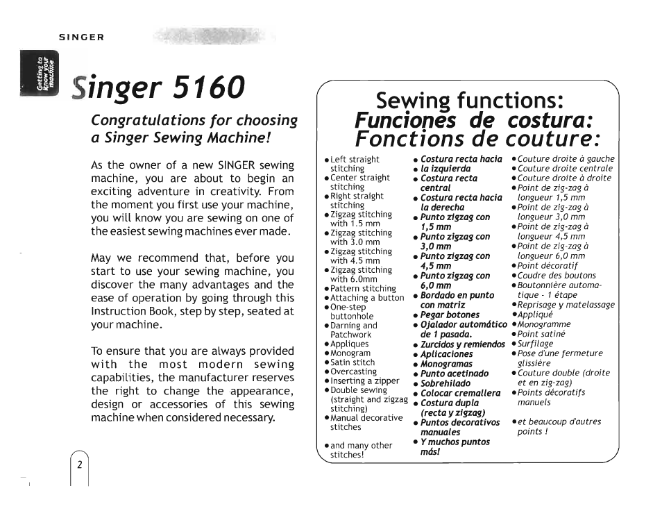 Singer 5160, Sewing functions, Funciones de costura: fonctions de couture | SINGER 5160 User Manual | Page 4 / 125