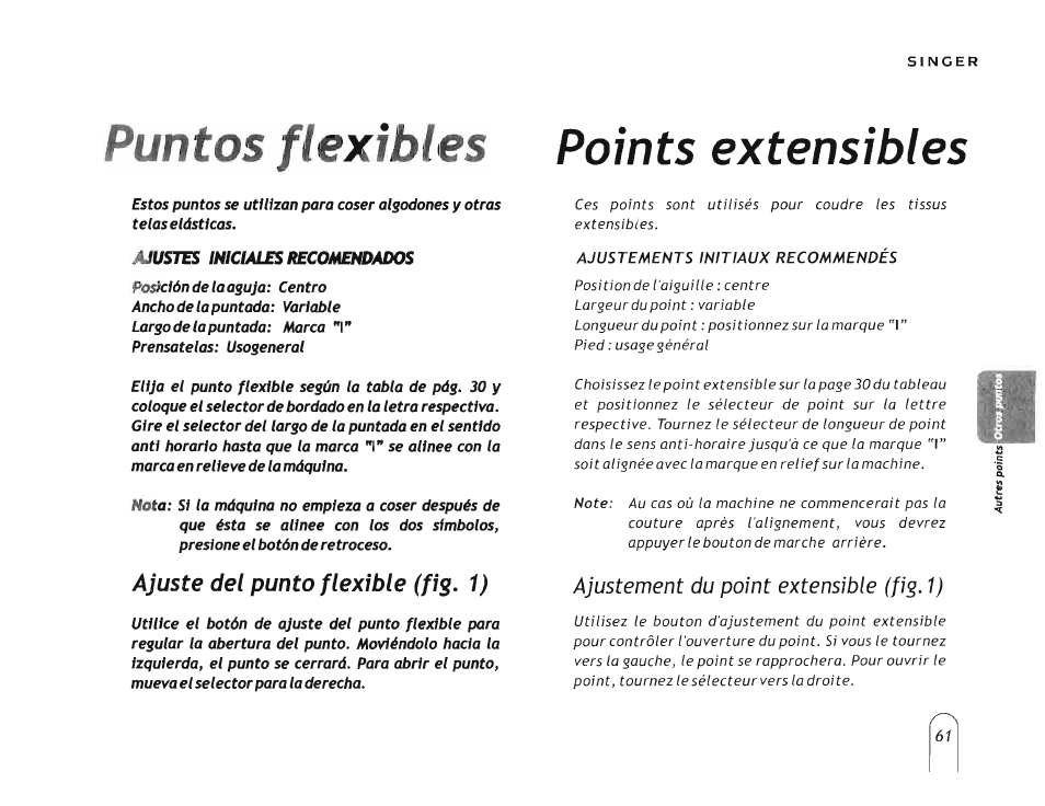 Puntos flexibles points extensibles, Ajustement du point extensible (fig. 1) | SINGER 5160 User Manual | Page 63 / 125