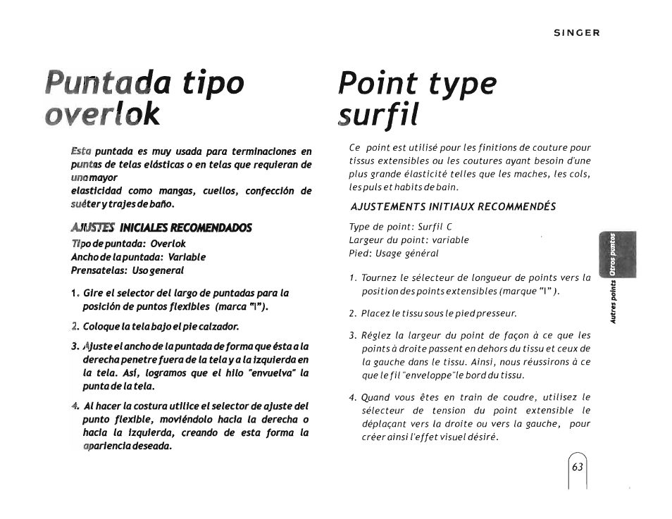 Puntada tipo overlok, Point type surfil | SINGER 5160 User Manual | Page 65 / 125