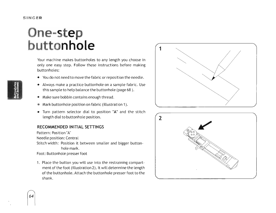 One-step buttonhole | SINGER 5160 User Manual | Page 66 / 125