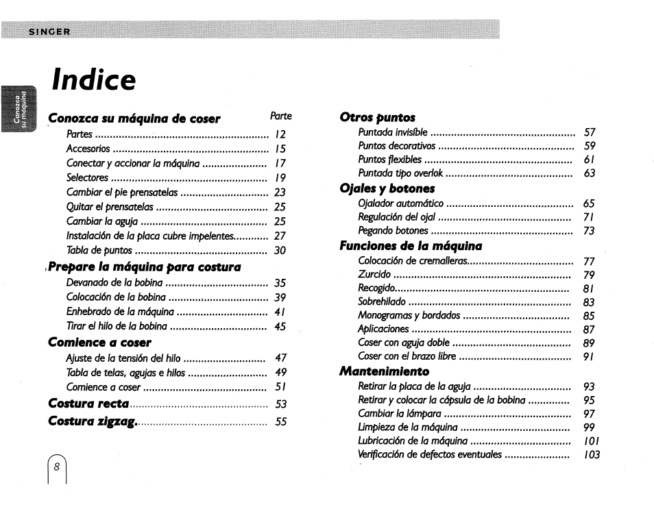 Indice | SINGER 5430 User Manual | Page 10 / 108