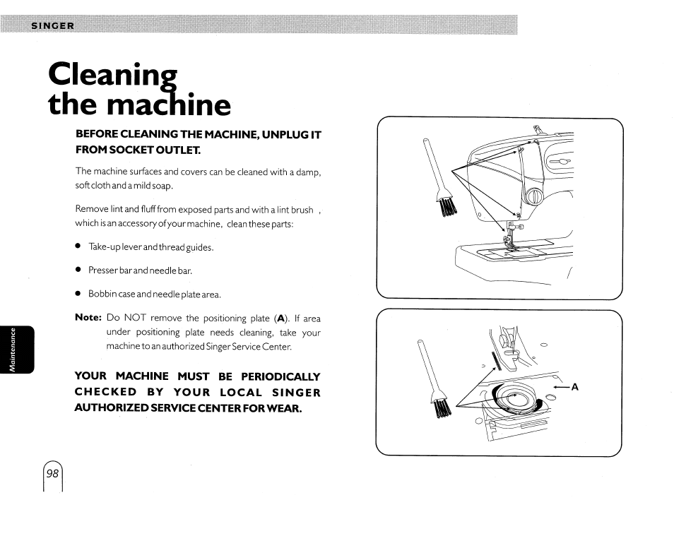 Cleaning the ma<^ine | SINGER 5430 User Manual | Page 100 / 108