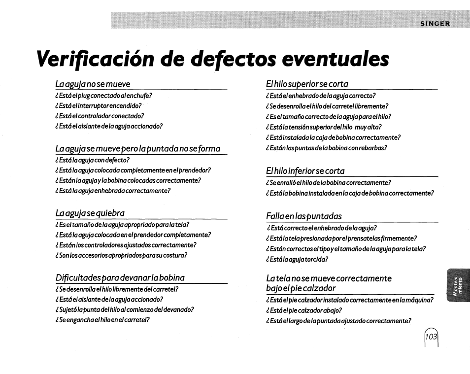 Verificación de defectos eventuales, Veriflcación de devotos eventuales | SINGER 5430 User Manual | Page 105 / 108