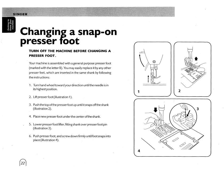 Changing a snap-on presser foot | SINGER 5430 User Manual | Page 24 / 108