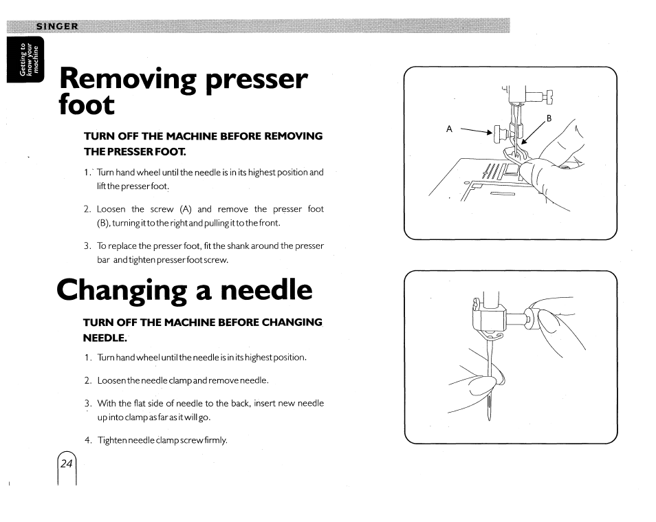 Removing presser foot, Changing a needle | SINGER 5430 User Manual | Page 26 / 108