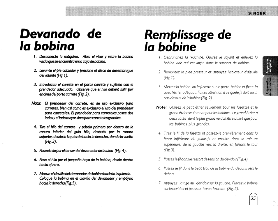 Devanado de la bobina, Remplissage de la bobine | SINGER 5430 User Manual | Page 37 / 108