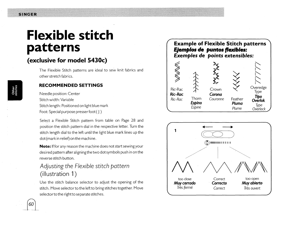 Flexible stitch patterns, Illustration 1), Exclusive for model 5430c) | Adjusting the flexible stitch pattern, Example of flexible stitch patterns, Exemples de pantos fleadues | SINGER 5430 User Manual | Page 62 / 108