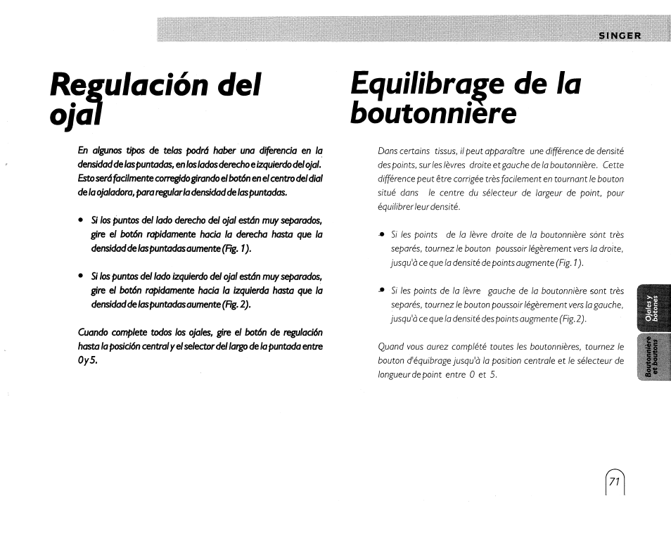 Regulación del ojal, Equilibrase de la boutonniere | SINGER 5430 User Manual | Page 73 / 108