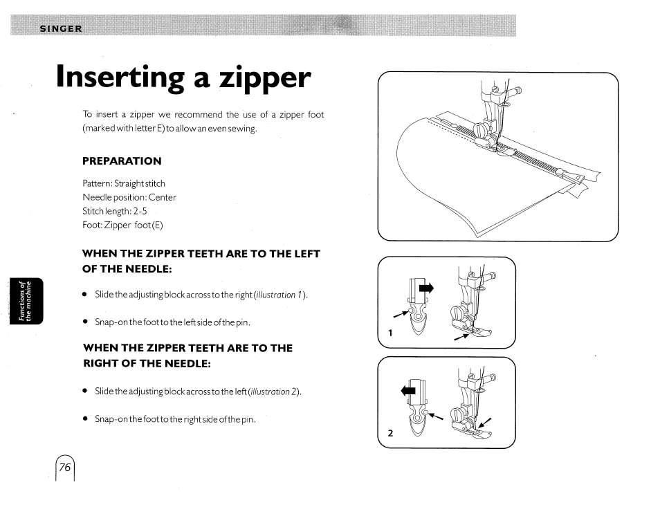 Preparation, Inserting a zipper | SINGER 5430 User Manual | Page 78 / 108