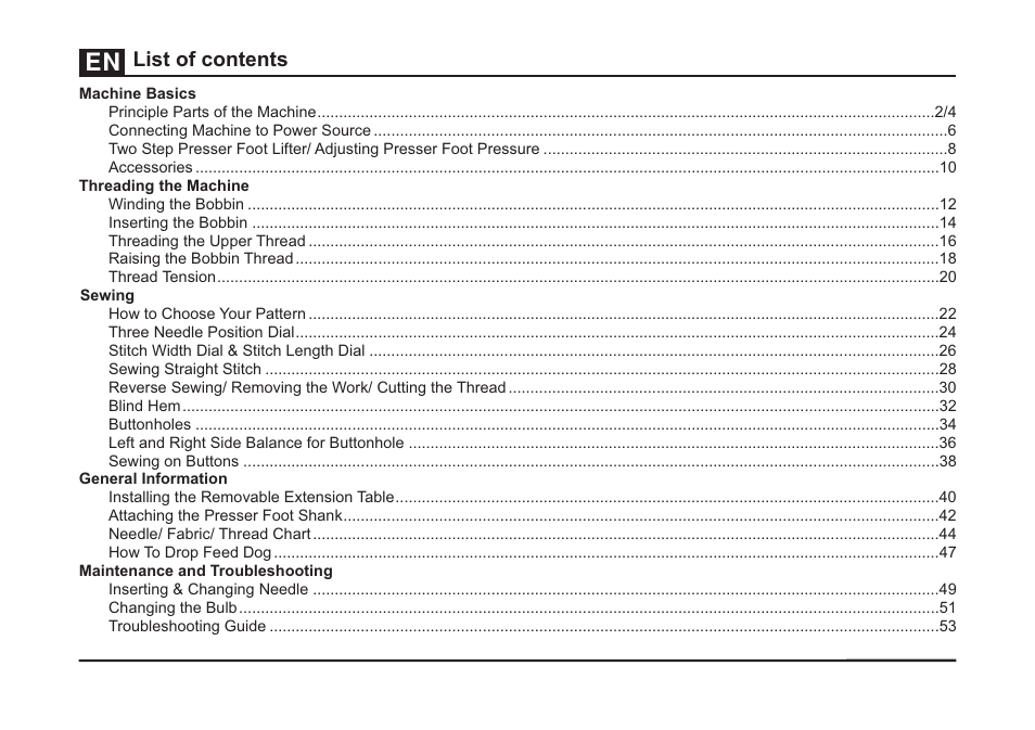 List of contents | SINGER 5511 User Manual | Page 6 / 63
