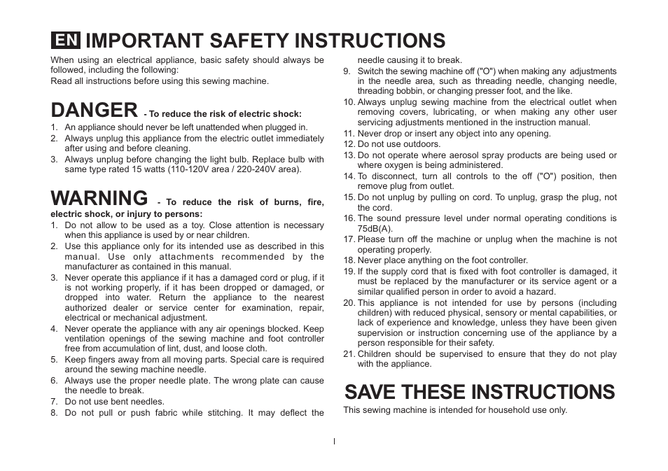 Important safety instructions, Danger save these instructions, Warning | SINGER 5554 Heavy Duty Combo User Manual | Page 2 / 121