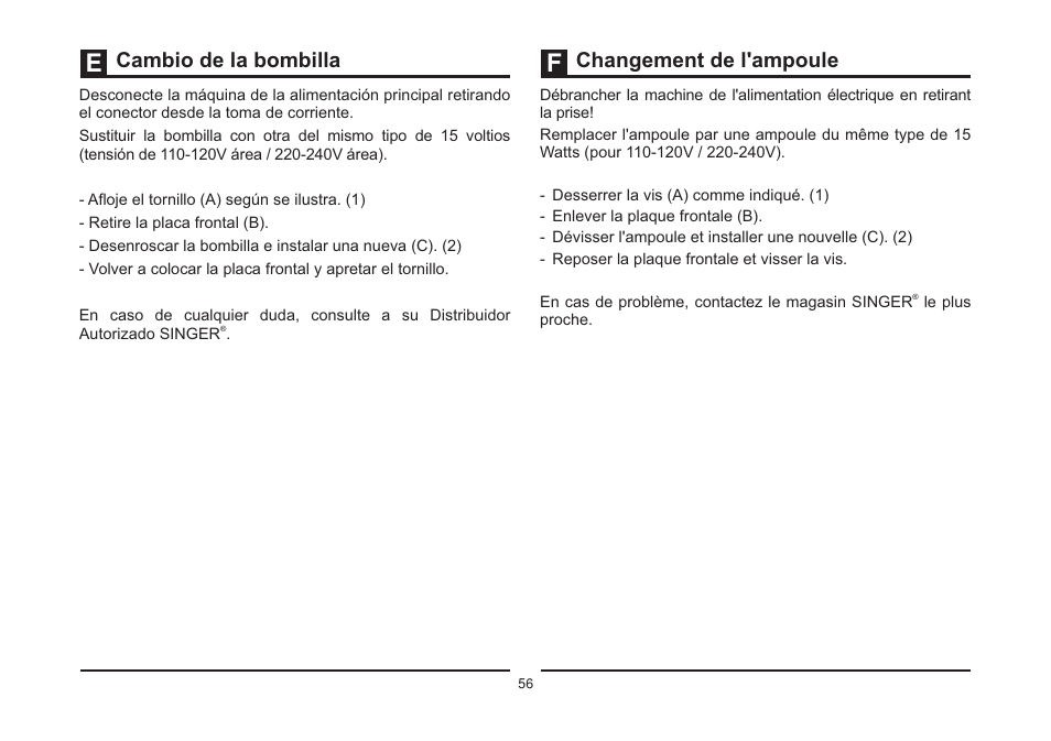 Cambio de la bombilla changement de l'ampoule | SINGER 5554 Heavy Duty Combo User Manual | Page 63 / 121