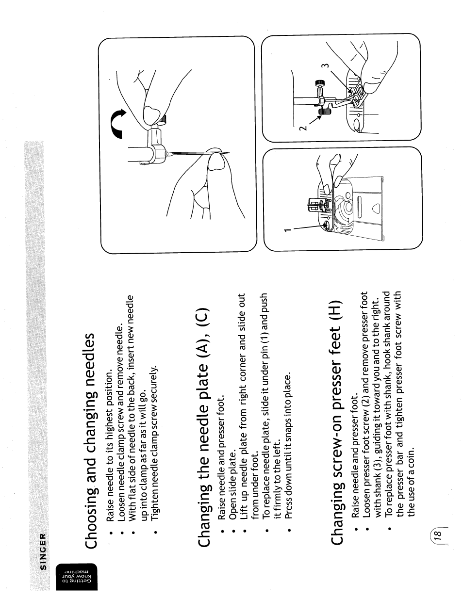 Choosing and changing needles, Changing the needle plate (a), (c), Changing screw-on presser feet (h) | SINGER 57815 User Manual | Page 20 / 84