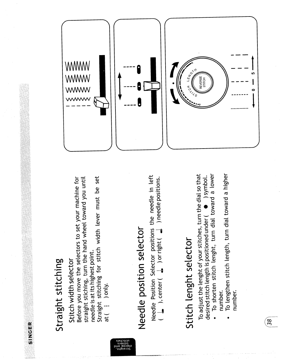 Straight stitching, Stitch lenght selector, Straight stitching stitch width selector | Needle position selector | SINGER 57815 User Manual | Page 40 / 84