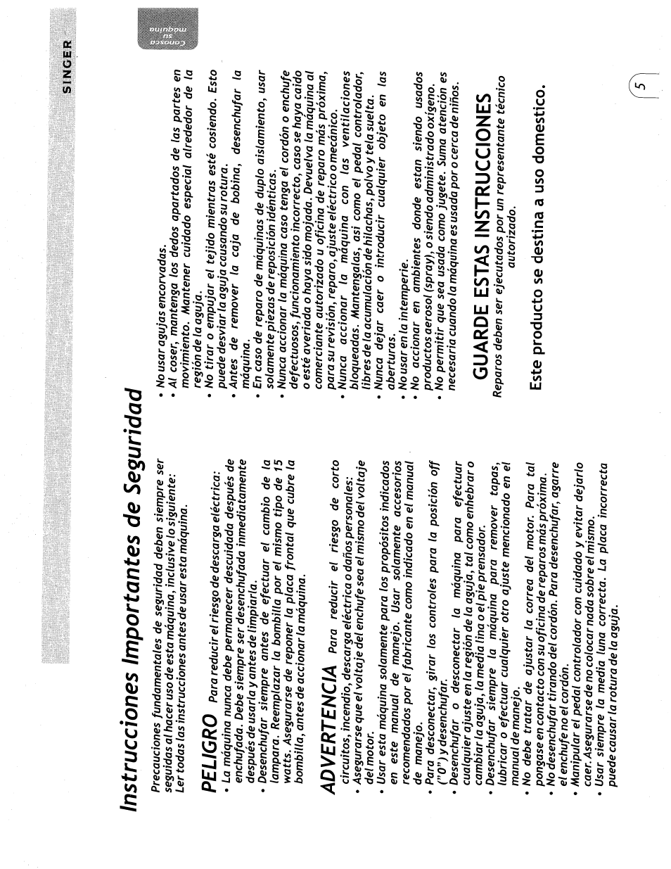 Instrucciones importantes de seguridad, Guarde estas instrucciones, Peligro | Advertencia, Este producto se destina a uso domestico | SINGER 57815 User Manual | Page 7 / 84