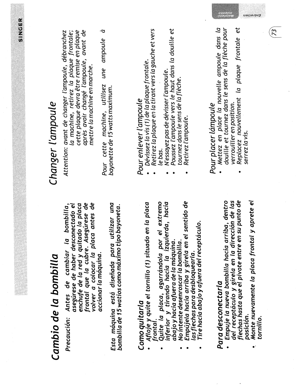 Cambio de la bombilla, Chanser l'ampoule | SINGER 57815 User Manual | Page 75 / 84
