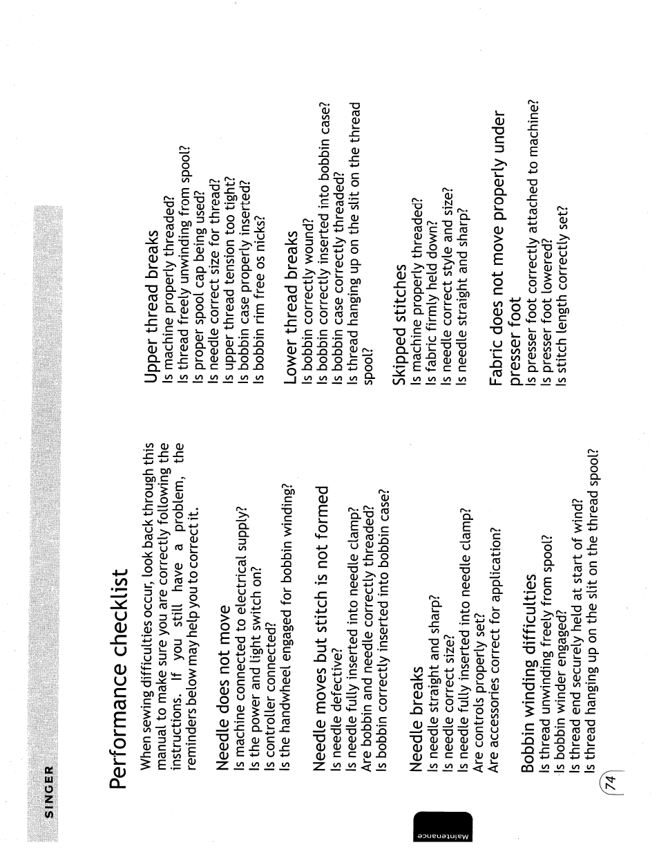 Performance checklist | SINGER 57815 User Manual | Page 76 / 84