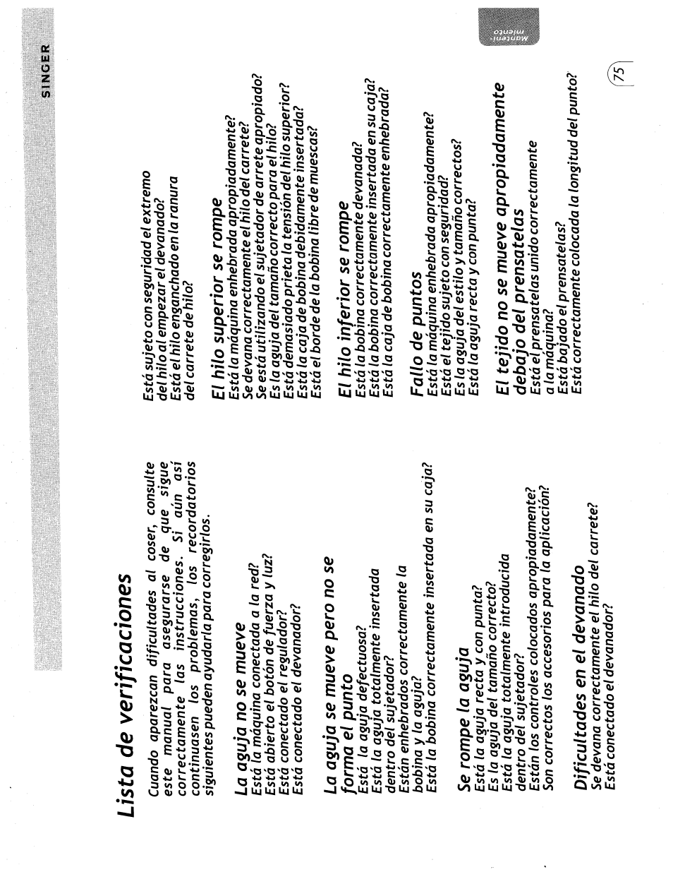 Lista de verificaciones | SINGER 57815 User Manual | Page 77 / 84