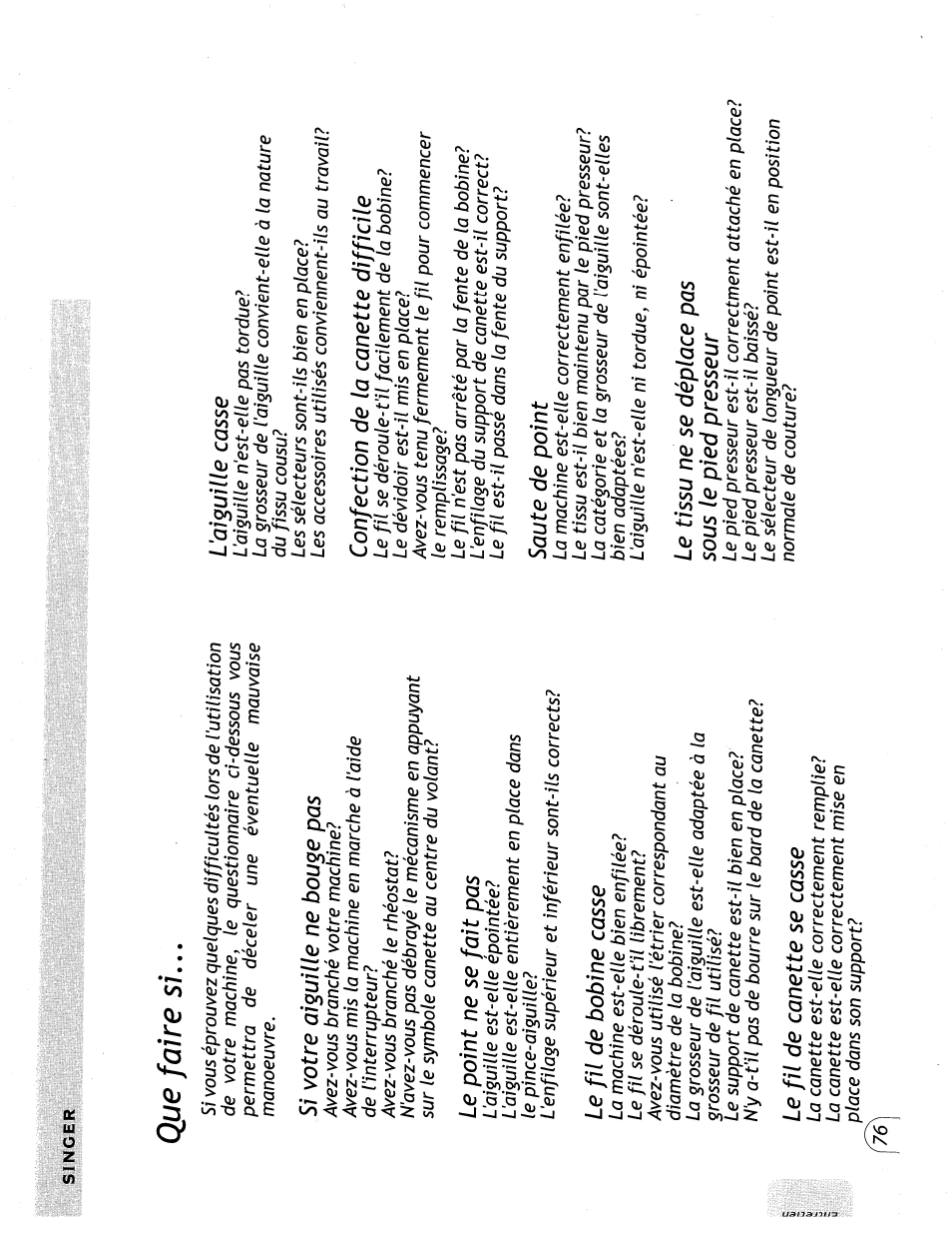 Que faire sм, Que faire si, Que faire sì | SINGER 57815 User Manual | Page 78 / 84