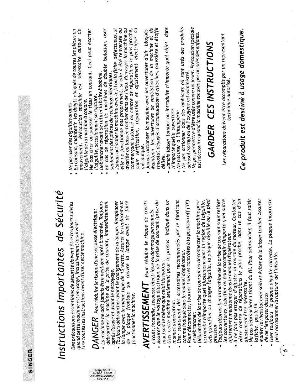 Instructions importantes de sécurité, Danger, Avertissement | Carder ces instructions | SINGER 57815 User Manual | Page 8 / 84
