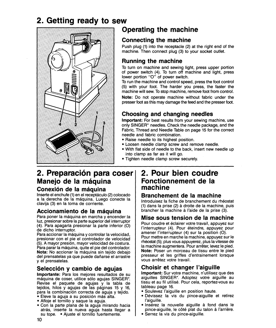 Getting ready to sew, Operating the machine, Pour bien coudre fonctionnement de la machine | Preparación para coser, Pour bien coudre, Manejo de la máquina, Fonctionnement de la machine | SINGER 5818 User Manual | Page 12 / 72