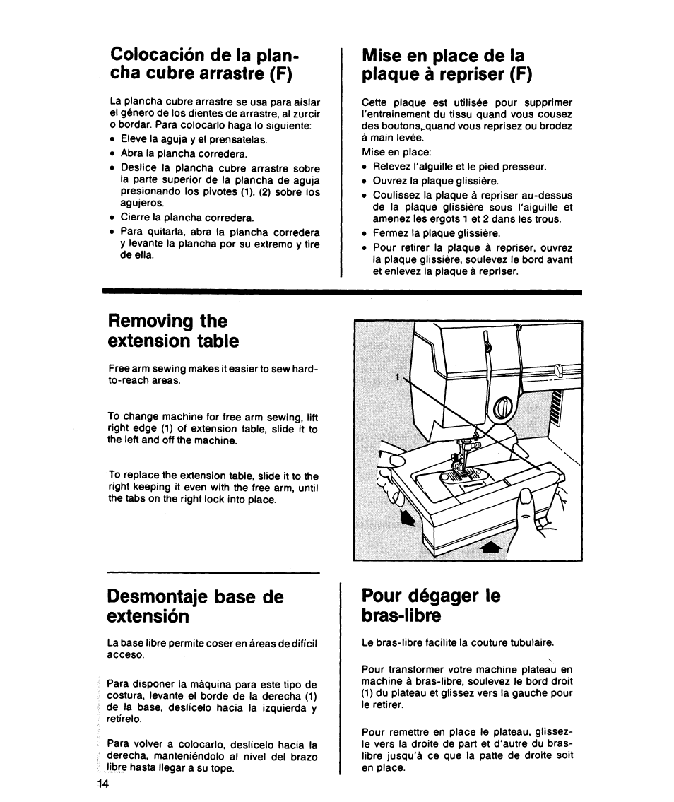 Colocación de la plan­ cha cubre arrastre (f), Mise en place de la plaque à repriser (f), Removing the extension table | Desmontaje base de extensión, Pour dégager le bras-libre | SINGER 5818 User Manual | Page 16 / 72