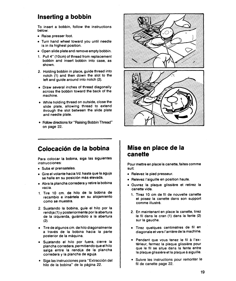 Inserting a bobbin, Colocación de la bobina, Mise en place de la canette | SINGER 5818 User Manual | Page 21 / 72