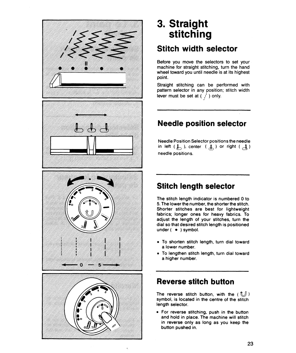 Straight stitching, Stitch width selector, Needle position selector | Stitch length selector, Reverse stitch button | SINGER 5818 User Manual | Page 25 / 72