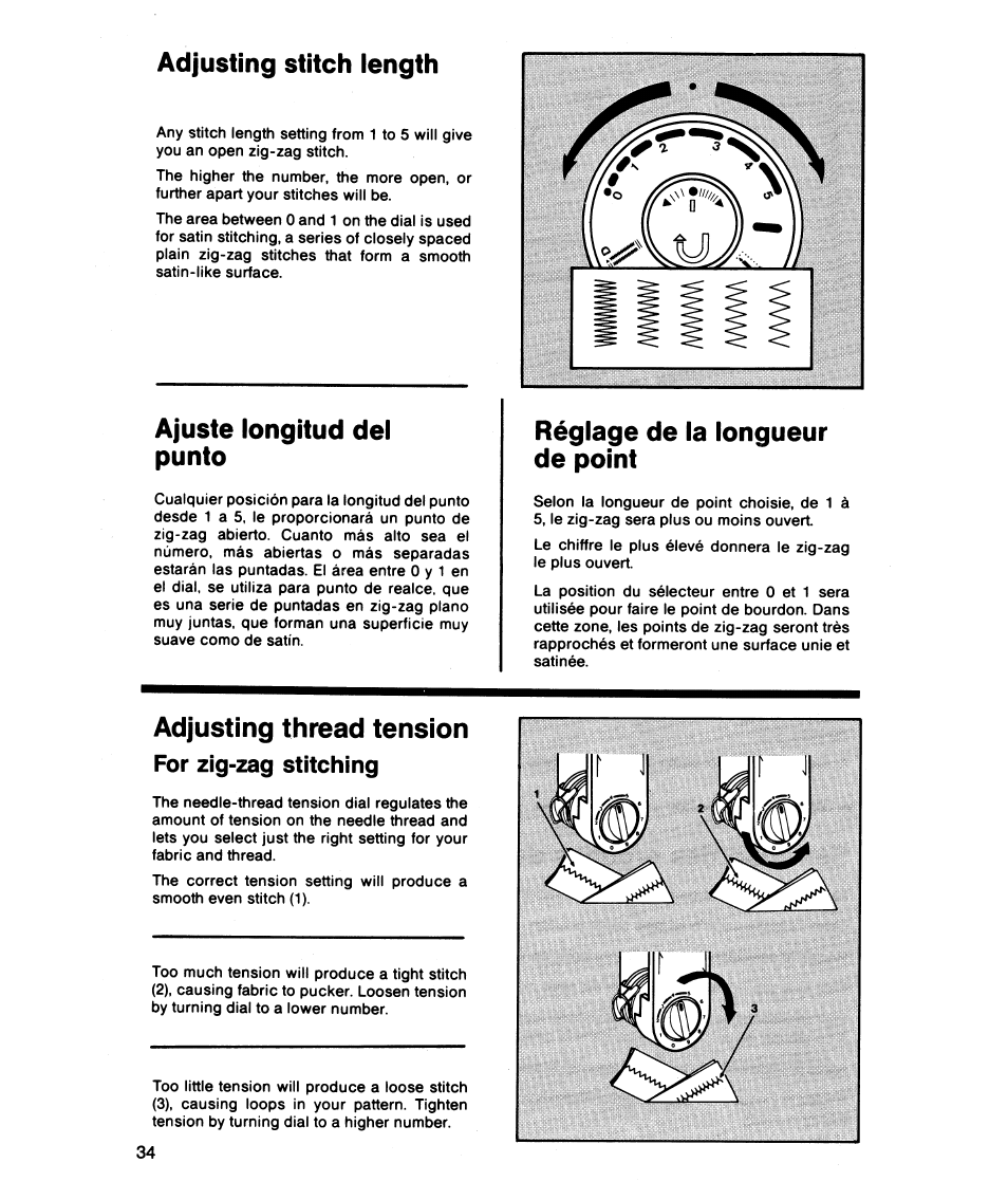 Adjusting stitch iength, Ajuste longitud del punto, Réglage de la longueur de point | Adjusting thread tension for zig-zag stitching, Adjusting thread tension | SINGER 5818 User Manual | Page 36 / 72