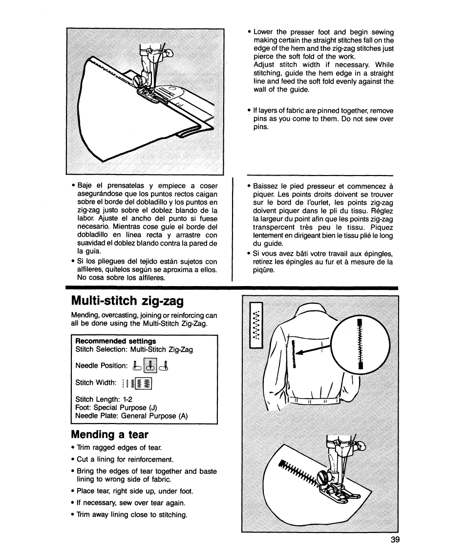 Multi-stitch zig-zag, Mending a tear | SINGER 5818 User Manual | Page 41 / 72