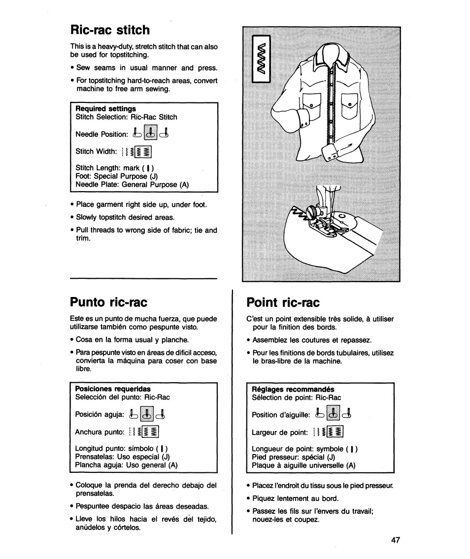 Ric-rac stitch, Punto ric-rac, Point ric-rac | Tg]cl | SINGER 5818 User Manual | Page 49 / 72