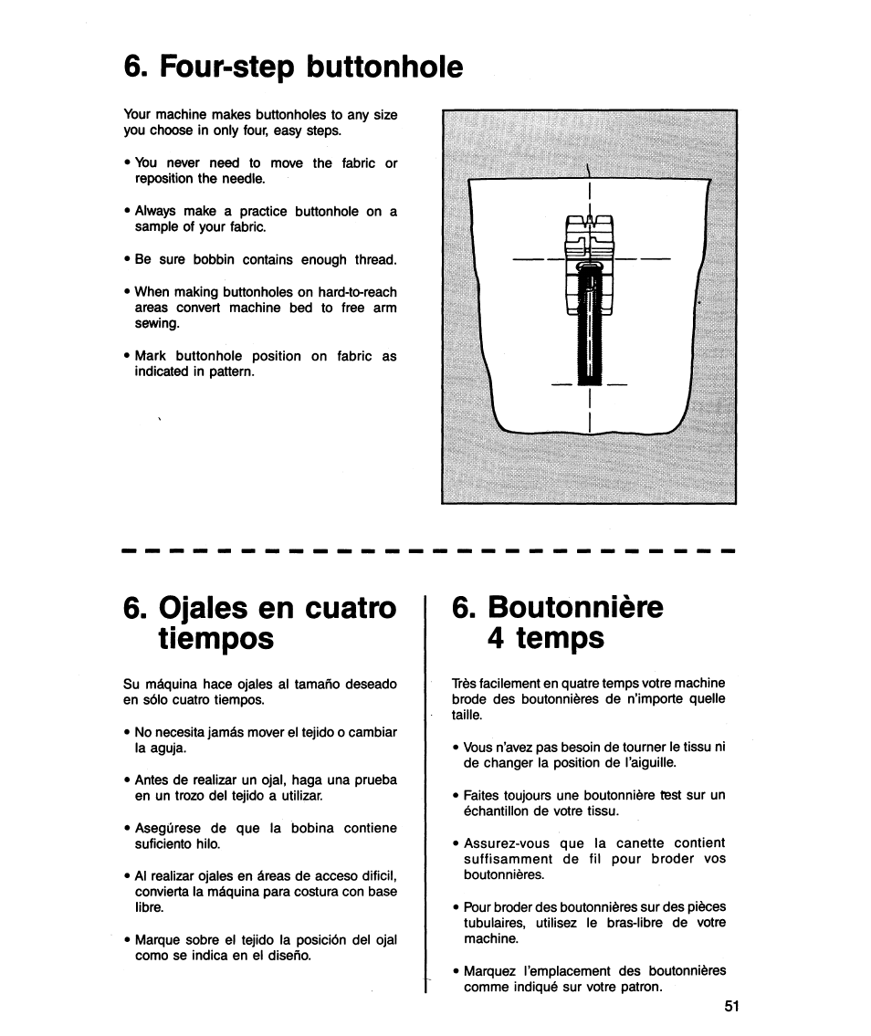 Four-step buttonhole, Ojales en cuatro tiempos, Boutonnière 4 temps | SINGER 5818 User Manual | Page 53 / 72