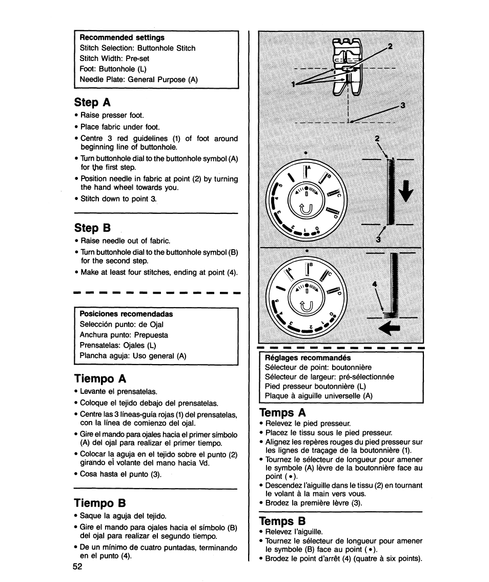 Step a, Step b, Tiempo a | Tiempo b, Temps a, Temps b | SINGER 5818 User Manual | Page 54 / 72