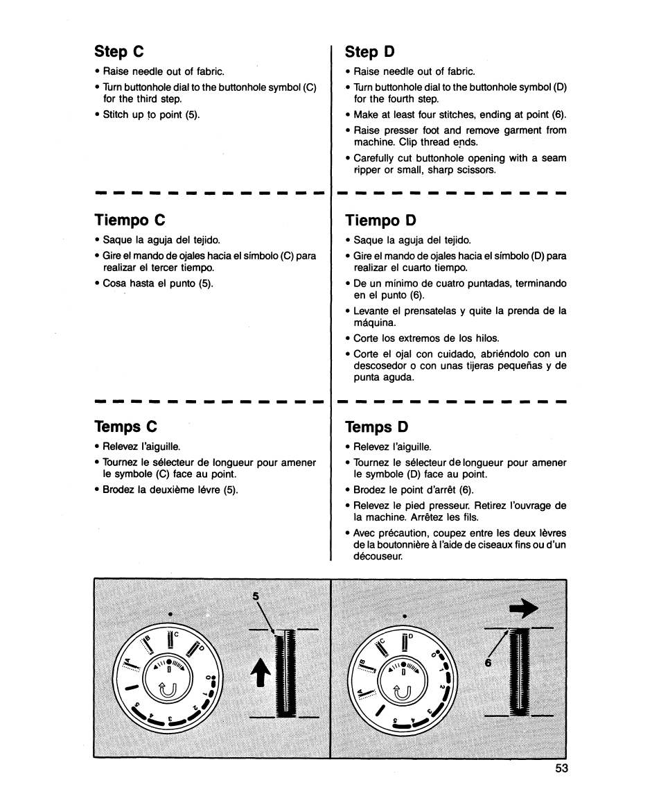 Step c, Step d, Tiempo c | Tiempo d, Temps c, Temps d | SINGER 5818 User Manual | Page 55 / 72