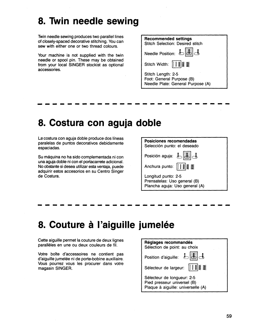 Twin needle sewing, Costura con aguja doble, Couture à taiguille jumelée | Z) cl d | SINGER 5818 User Manual | Page 61 / 72