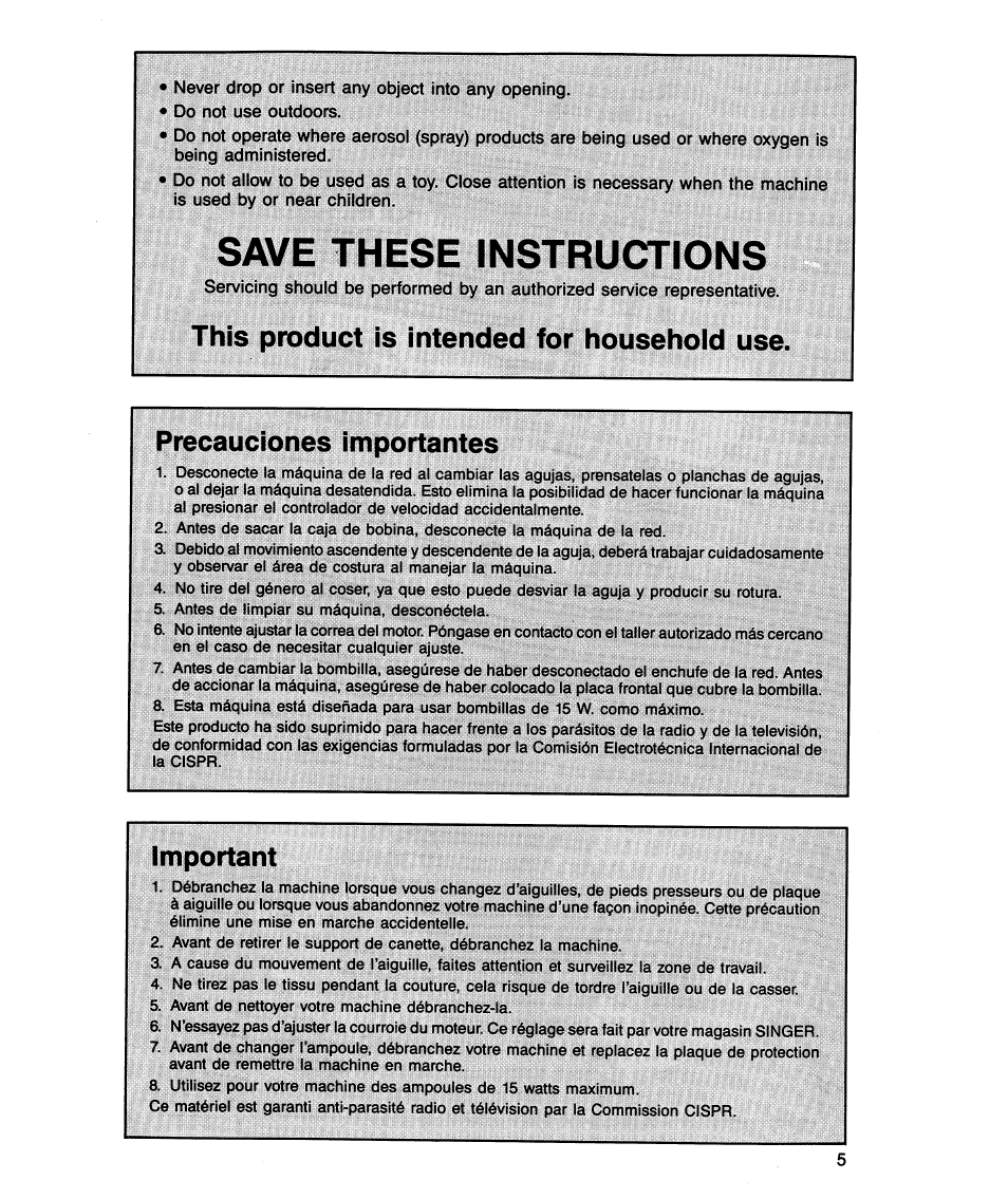 Save these instructions, This product is intended for household use, Precauciones importantes | Important | SINGER 5818 User Manual | Page 7 / 72