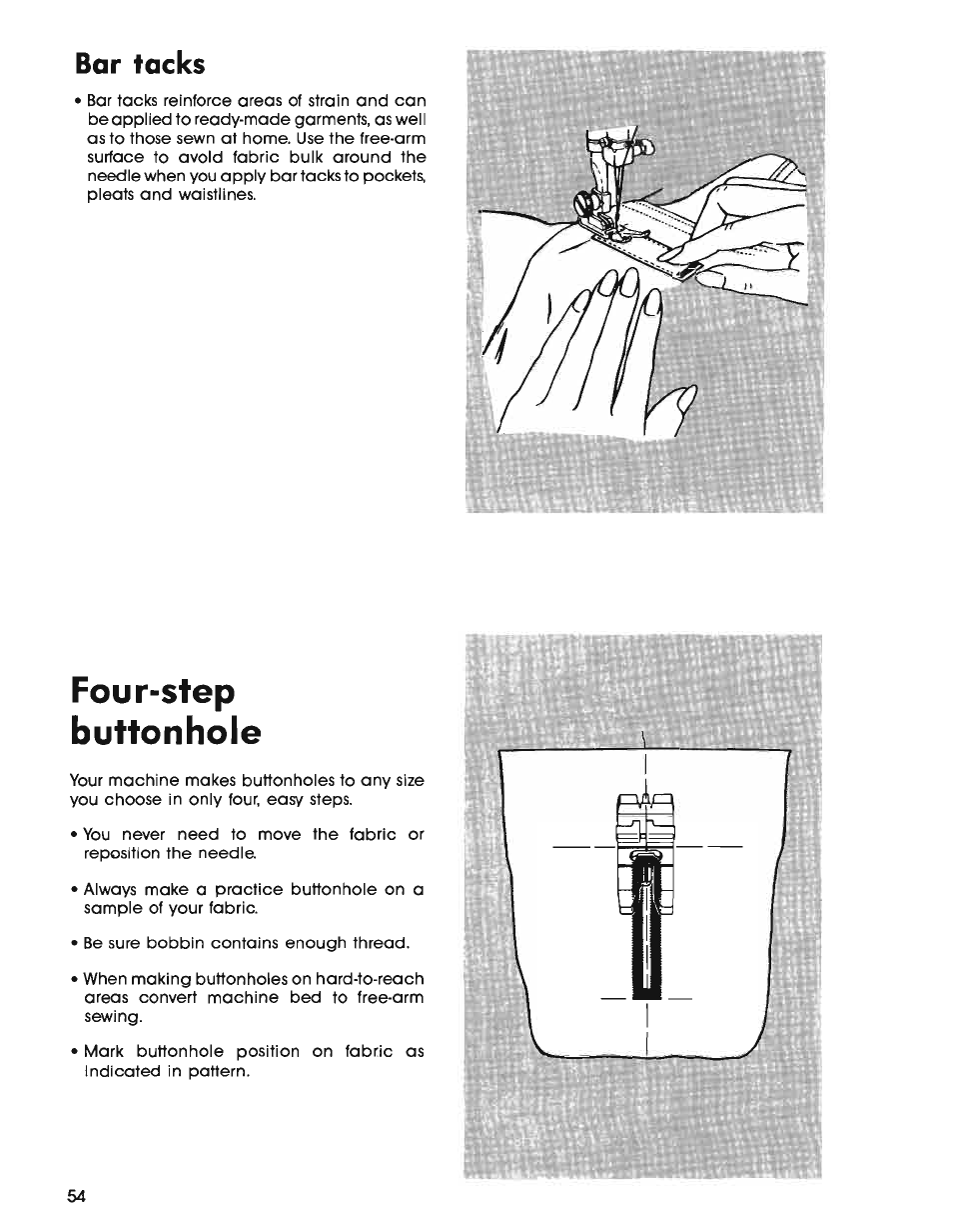 Bar tacks, Four-step, Buttonhole | Four-step buttonhole | SINGER 7025 User Manual | Page 56 / 78