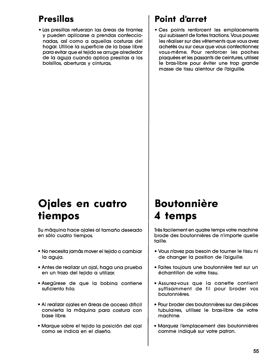 Ojales en cuatro tiempos, Point d'arret, Boutonnière 4 temps | Presillas | SINGER 7025 User Manual | Page 57 / 78