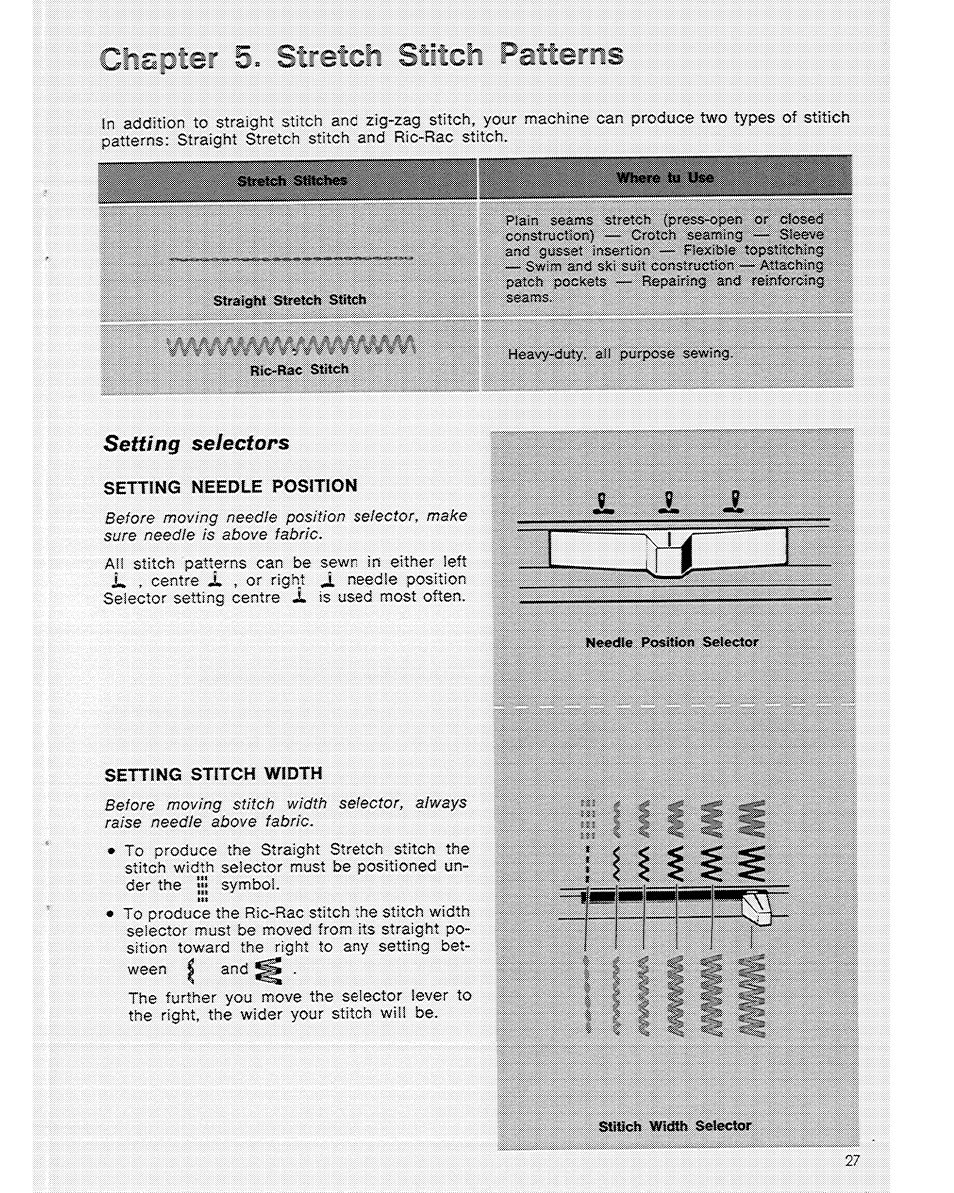 Settikg needle position, Setting stitch width | SINGER 6104 User Manual | Page 29 / 44