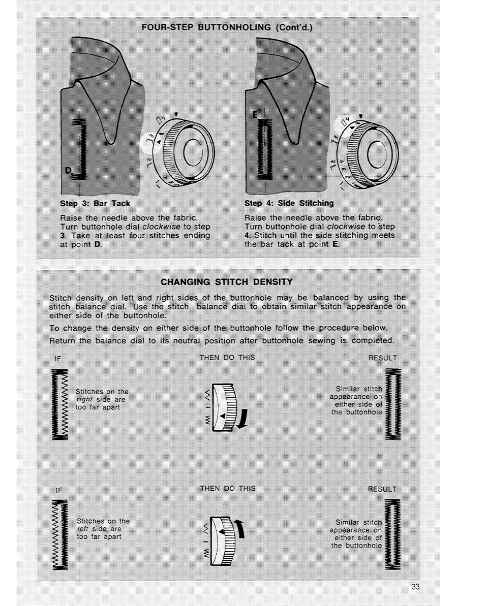 Four-step buttonhotlng (cont’d.), Changing stitch density | SINGER 6104 User Manual | Page 35 / 44