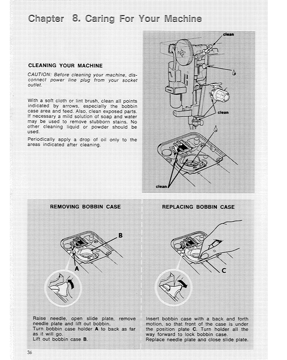 Cleamrng your machine, Removing bobbin case replacing bobbin case | SINGER 6104 User Manual | Page 38 / 44